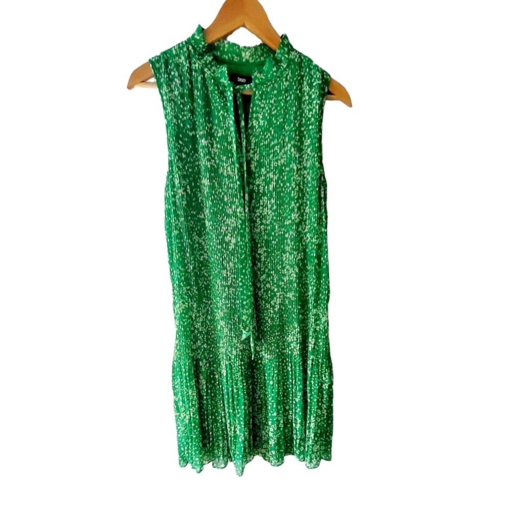 DKNY Bright Green and White Floral Print Pinch Pleat Trapeze Dress Size 8